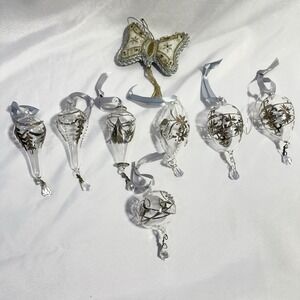Lot of 7 Hand Blown Clear Egyptian Glass Ornaments Etched Painted‎ with Silver